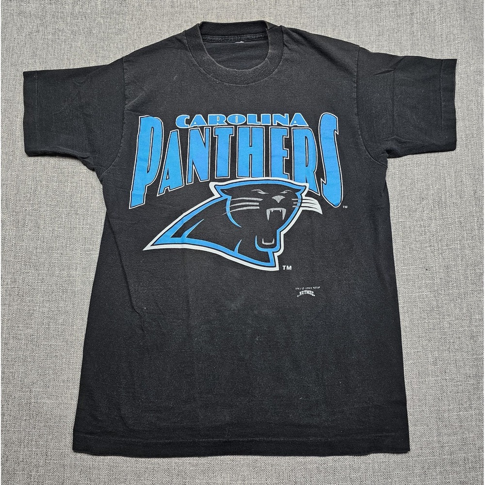 VINTAGE Carolina Panthers Shirt Mens Small Black NFL Football Graphic Nutmeg 90s